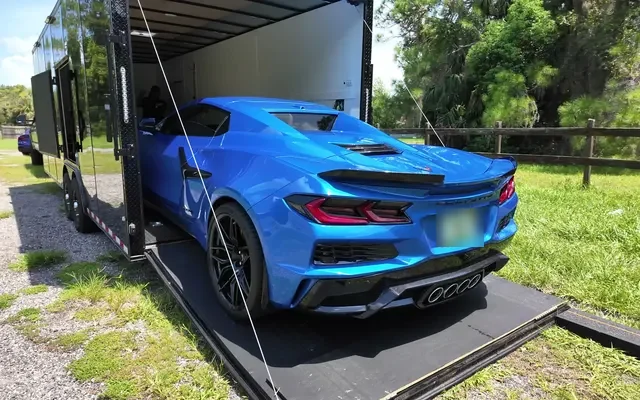 Sports car inside an enclosed Eco Haul trailer